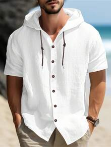 Men Summer Hooded Shirt Casual Solid Color Button Down Short Sleeve Hoodies Tops Streetwear