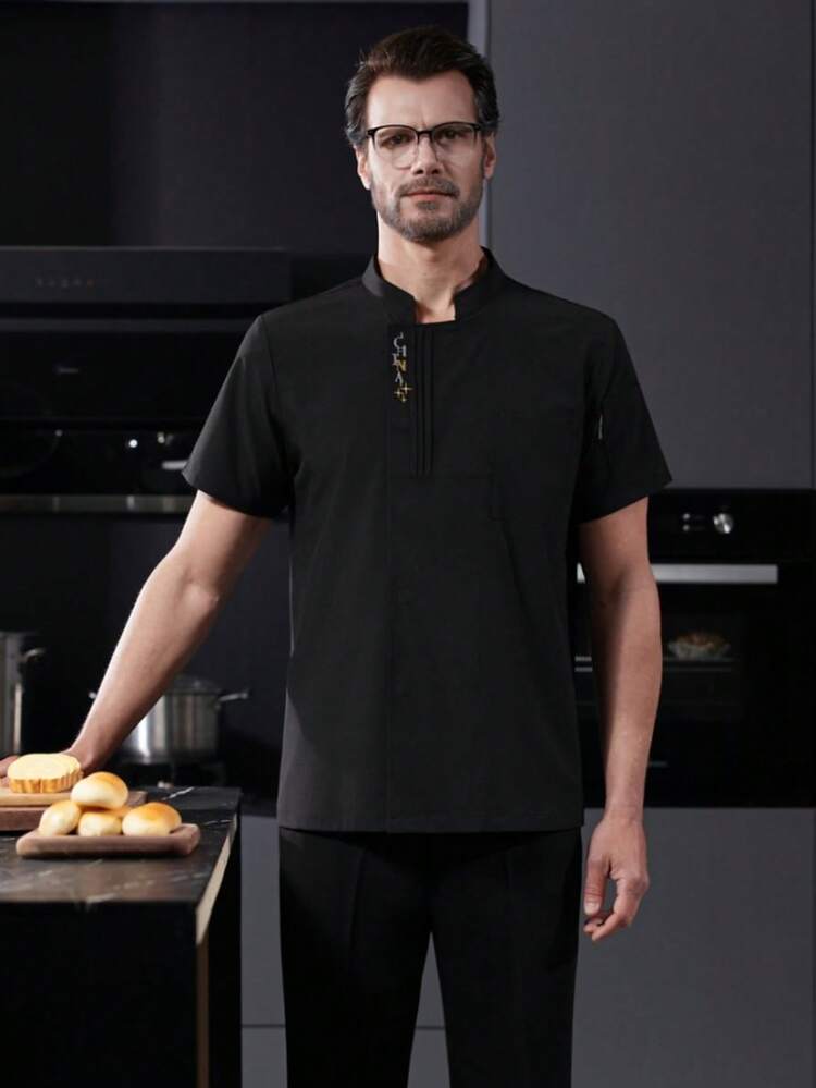 New Short Sleeve Quick Dry Men's Chef Uniform With Small Grid Embroidery, Breathable Stand Collar - Black - View 1