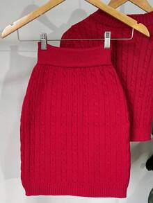 Women's Knitted Skirt And Blouse Set With Braids Made In Modal Knit. - View 2