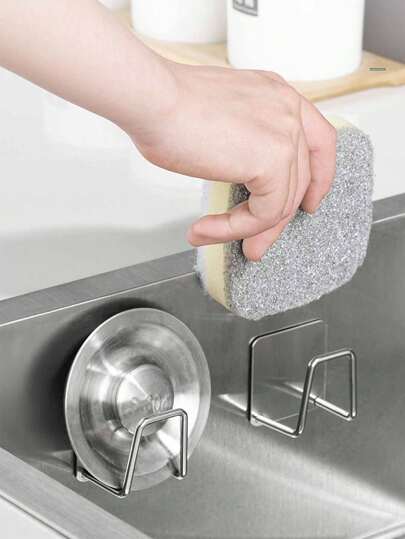 1pc Household Sponge Drain Rack, Small Kitchen Storage Tools, Self-Adhesive Wall Mounted Storage Rack, Space Saving, Durable Stainless Steel Material, Suitable For Kitchen, Bathroom, Necessary Kitchenware Storage Good Things