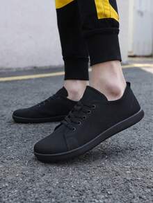 男女通用宽头纯黑色休闲运动鞋，户外运动宽版透气防滑钓鱼轻便赤足登山鞋，时尚平底鞋，软底滑板鞋，休闲户外鞋，学院风运动鞋，大码低帮鞋，圆头低帮系带平底登山鞋 - 黑色 - 查看 3