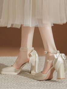 （建议选购大一码）女士仿珍珠装饰绑带粗跟方头蝴蝶结套脚鞋，适合搭配裙装