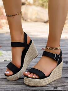 Sandales à talons hauts élégantes pour femmes : sandales à bout rond avec semelle en corde, sandales élégantes avec sangle arrière, convenant aux femmes, sandales compensées à fond épais de couleur unie simple pour l'été et l'extérieur