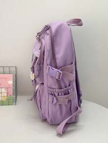Two Tone Classic Backpack Letter Patch,Kawaii School Style: Cute Nylon Backpack With Pins & Accessor - Purple - View 5