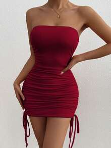 1 pieza Vestido mini ajustado de estilo europeo sexy con pliegues, vestido de tirantes de verano de moda con ajuste ceñido