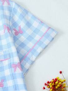 2 件套蓝白格子蝴蝶结装饰纽扣短袖上衣和裤子女士睡衣套装，春夏睡衣休闲装