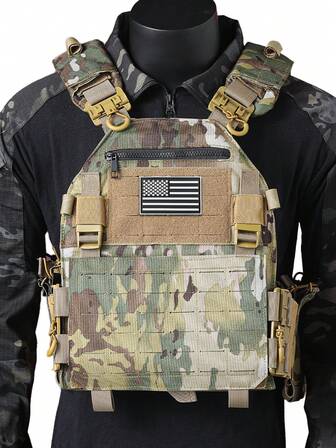 1pc Training Vest With U.S. Flag Badge, One-Key Quick Release, Expandable & Detachable, Laser Perforated, Waterproof, Wear-Resistant, Tear-Resistant, Suitable For Hunting, Training And Other Scenes