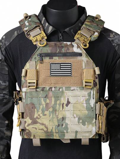 1pc Training Vest With U.S. Flag Badge, One-Key Quick Release, Expandable & Detachable, Laser Perforated, Waterproof, Wear-Resistant, Tear-Resistant, Suitable For Hunting, Training And Other Scenes