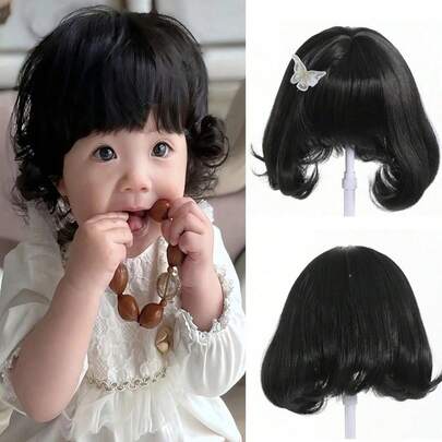 1 bộ tóc giả ngắn màu đen 10 inch cho trẻ em kèm 2 nơ tóc, tóc giả chịu nhiệt tổng hợp, nơ tóc kẹp tóc cho bé gái phụ kiện