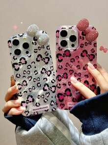 1pc Luxury Rhinestone Leopard Print Bow Phone Case Compatible With Apple 16 Apple 16 Plus Apple 16 Pro Max 15 14 13 12 11 Pro Max Cute Bowknot Shockproof Cases