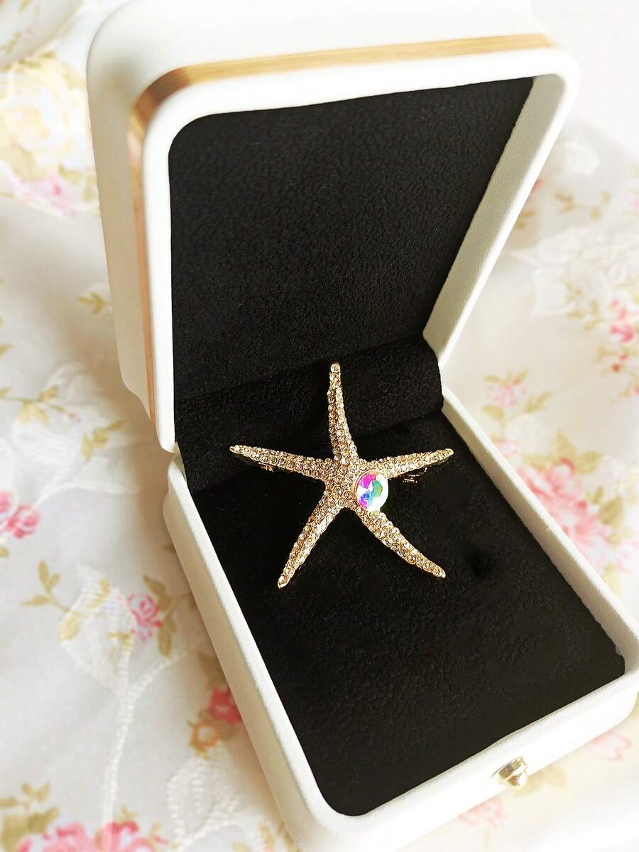 1pc Fashionable Minimalist Ocean Vacation Rhinestone Colorful Glass Starfish Brooch Pin, Suitable For Gifting To Relatives, Friends, Wearing To Parties And Work - Gold - View 1