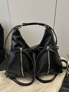 蝴蝶结装饰女士手提包，时尚韩版休闲大容量单肩包，适合旅行、散步、购物 - 黑色 - 查看 9