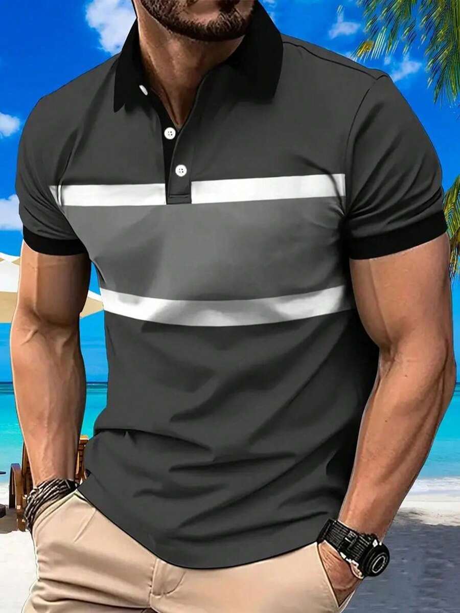 Plus Size Men's Business Casual Patchwork Short Sleeve Polo Shirt - Multicolor - View 1