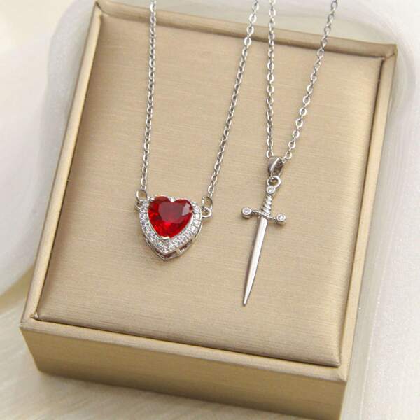 Set de 2 collares de acero de titanio con colgante de corazón y flecha, joyería regalo del Día de San Valentín