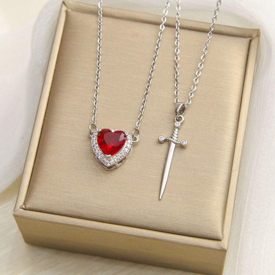 1pc Titanium Steel Sword Heart Pendant Necklace, Valentine's Day Gift For Men And Women - Silver - View 1