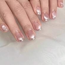 10片装亮面裸色芭蕾舞短款按压式美甲贴片 - 可卸法式美甲假指甲套装，包含银色镜面粉和金色饰边，可爱按压式美甲贴片，美甲用品 - Follow Your Heart - 查看 3