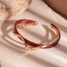 1pc Women's Double Layer Open Bangle Bracelet, Simple Versatile Fashion Retro High-End Accessory - Burgundy - View 3