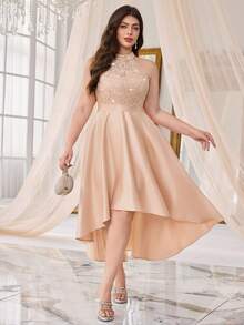 加露背亮片蕾丝拼接撞色缎面高低 A 字下摆晚会礼服、毕业礼服、优雅舞会半正式婚礼宾客礼服，适合生日、返校节 - 香檳色 - 查看 5