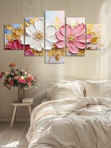 1/5件套牡丹花卉帆布墙画套装 - 现代框画，夏季装饰，农舍风格框画，室内花卉海报，适用于客厅、卧室、餐厅、宿舍 - 春冬季节装饰，卡通图案，木框，母亲节、返校礼物 - 彩色 - 查看 5
