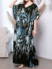 Quần áo mùa thu cho nữ cỡ lớn, dáng rộng, váy kaftan đi biển thoải mái khi trở lại trường - Áo choàng lấy cảm hứng từ phong cách Bohemian sang trọng với cổ chữ V tôn dáng, thiết kế áo chui đầu dễ mặc và họa tiết da hổ rực rỡ - Hoàn hảo cho những chuyến đi biển và thời tiết ấm áp - Màu xanh lam - Xem 1