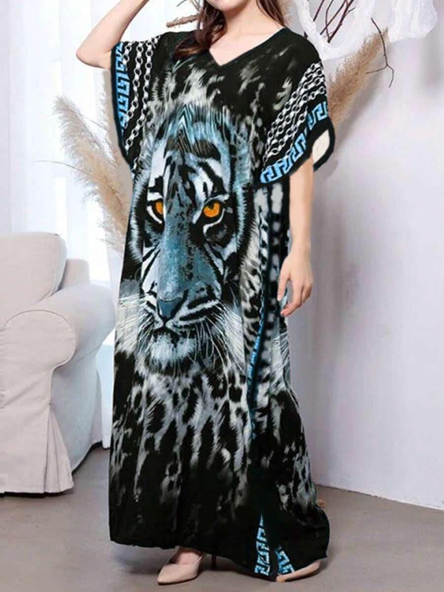 Quần áo mùa thu cho nữ cỡ lớn, dáng rộng, váy kaftan đi biển thoải mái khi trở lại trường - Áo choàng lấy cảm hứng từ phong cách Bohemian sang trọng với cổ chữ V tôn dáng, thiết kế áo chui đầu dễ mặc và họa tiết da hổ rực rỡ - Hoàn hảo cho những chuyến đi biển và thời tiết ấm áp - Màu xanh lam - Xem 1