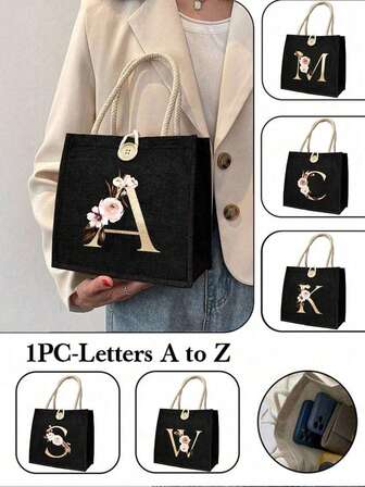 黑色亚麻花朵字母手提包，简约大容量手提包，便携休闲收纳手提包，多功能购物袋，个性礼品袋，圣诞礼物，适合婚礼、生日、海滩、节日，送给女性、老师、朋友、伴娘、大包、学生和返校的完美礼物，圣诞节最佳教师礼物