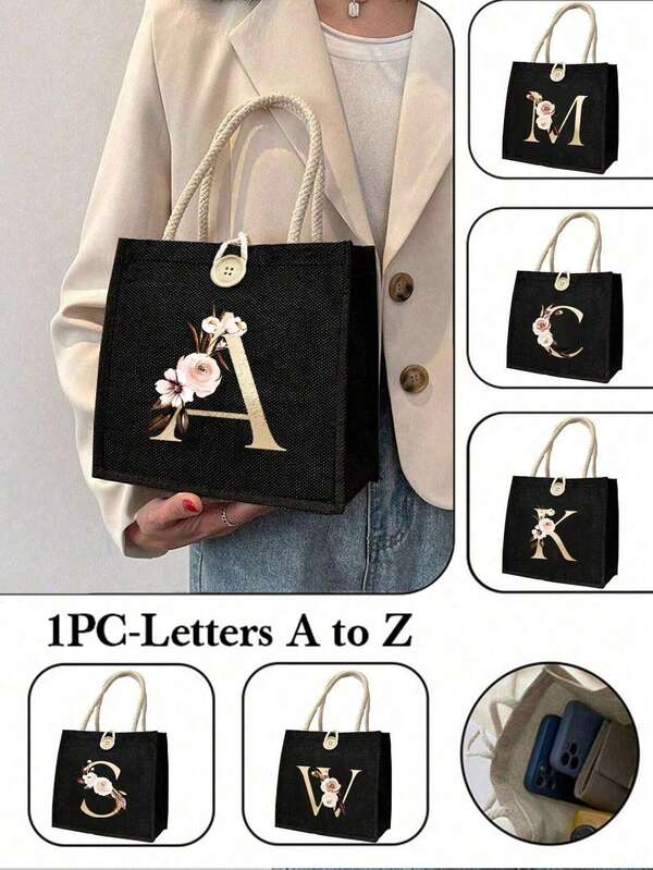 Black Linen Flower Letter Tote Bag, Simple Large Capacity Tote Bag, Portable Casual Storage Tote Bag, Multifunctional Shopping Bag, Personalized Gift Bag, Christmas Gift, Suitable For Wedding, Birthday, Beach, Festival, Perfect Gift For Women, Teachers, Friends, Bridesmaids, Big Bag, Students And Back To School, Best Teacher Gifts For Christmas