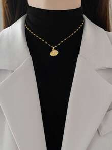 1pc Stainless Steel Micro-Inlaid Cubic Zirconia, Hollow Shell & Cultured Pearl Necklace - Yellow Gold - View 3