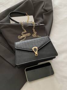 Crocodile Texture Mini Square Shoulder Bag, Minimalist Trapezoid Crossbody Bag With Chain Strap, Versatile - Black - View 4