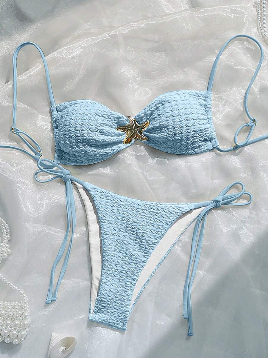 Bộ bikini thời trang, gợi cảm với họa tiết sao biển, chất liệu vải màu vàng trơn có họa tiết, đồ bơi mùa hè cho nữ đi biển.
