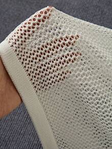 男士网眼拼布透视罩衫，休闲沙滩短袖针织上衣 - 白色 - 查看 8