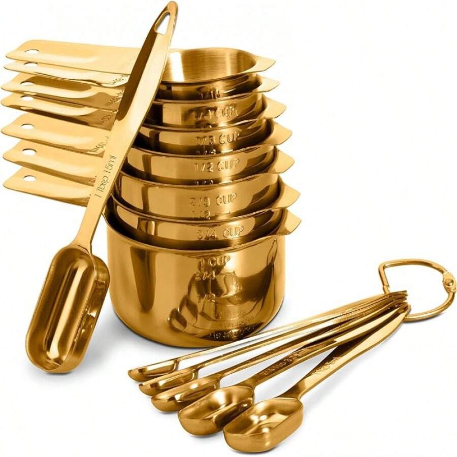Juego de 13 piezas de tazas y cucharas de medir, de acero inoxidable 18/8 de alta calidad con mango ergonómico y conector de anillo, en color plateado - Oro - Ver 1