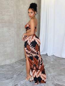 Summer Floral Print High Slit Maxi Wrap Dress - Black - View 2