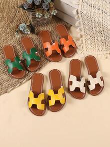 1 par de sandalias planas de color naranja talla grande para niñas, sandalias de PU de unicolor cómodas con tira, puntera redonda, antideslizantes, lindas y adecuadas para niños y niñas de 3 a 15 años, para uso diario, casual, fiesta, viaje, nueva llegada primavera/verano 2026 - Naranja - Ver 1
