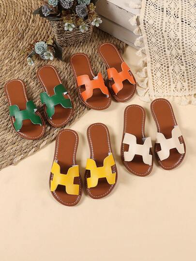 1双加大码黄色幼儿/小女孩平底凉鞋，纯色舒适PU绑带圆头防滑时尚可爱室内拖鞋，适合3-15岁男孩/女孩日常休闲、聚会、旅行，2026春夏款