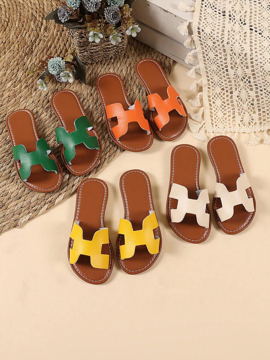 1 par de sandalias planas de color naranja talla grande para niñas, sandalias de PU de unicolor cómodas con tira, puntera redonda, antideslizantes, lindas y adecuadas para niños y niñas de 3 a 15 años, para uso diario, casual, fiesta, viaje, nueva llegada primavera/verano 2026 - Naranja - Ver 1