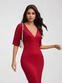 Vestido de cóctel midi acampanado y ajustado con escote en V profundo y manga corta para mujer - Rojo - Ver 3