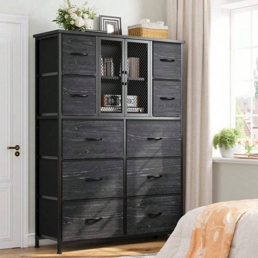 RaybeeFurniture 10 Fabric Drawer Dresser With Metal Mesh Door, Tall Design, 38" Width X 11.81" Height, 6 Extra-Large Drawers & Chests Of Drawers - 黑色 - 查看 1