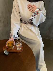 彩色花卉刺绣朴素时尚女士亚麻伊斯兰传统服饰卡夫坦长袍祈祷长袍