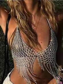 Fashionable Tassel Chest Chain, Sexy Luxury Mesh Body Chain With Rhinestones, Intimate Apparel & Jewelry - Multicolor - View 4