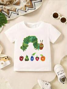 Boys' Summer Short Sleeve T-Shirt With Fun Cartoon For CATERPILLAR & Fruit Print - Soft Cotton, Round Neck, Lightweight & Breathable For Kids, Toddler Clothing | Vibrant Children's Shirt | Breathable Material, Toddler Boy Shirts - 白色 - 查看 1