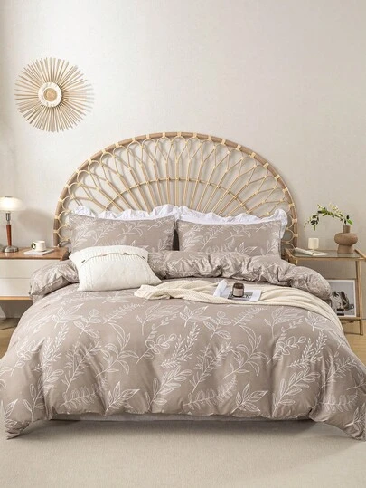 3pcs Leaf & Floral Pattern Bedding Set (1 Duvet Cover And 2 Pillow Shams), Soft & Skin-Friendly, Suitable For All Seasons