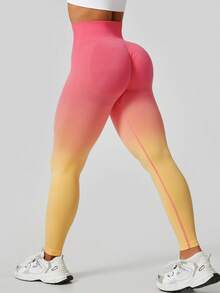 Summer Workout Women's Fashion Ombre Peach Butt Lifting Seamless High Waist Shapewear Leggings - Yellow - View 9