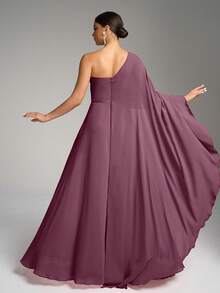 SUPGIR 不对称领口亮片袖腰部花卉装饰开衩下摆长款雪纺连衣裙，伴娘服 - 中紫紅色 - 查看 3