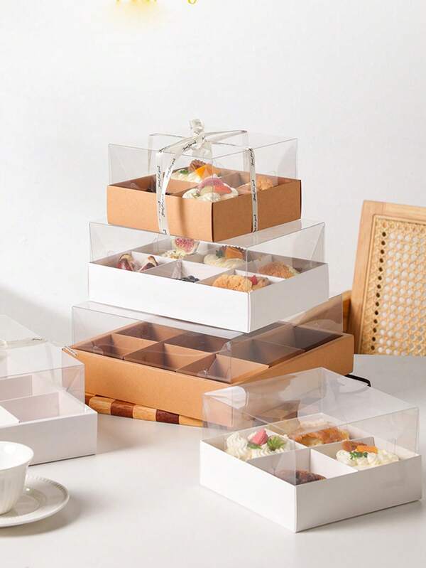 2pcs/4pcs Multicompartment Dessert Box With Transparent Lid & Dividers, 6-Slot 9-Slot Cupcake Box Suitable For Mini Cupcakes, Chocolate Dipped Strawberries, Brownies & Snacks, Suitable For Wedding, Holiday, Birthday Party Dessert Packaging