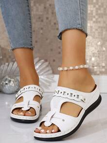 Women Comfort Thick Sole Wedge Slide Sandal, Buckle Strap Minimalist Solid Color Roman Style Open Toe - White - View 4