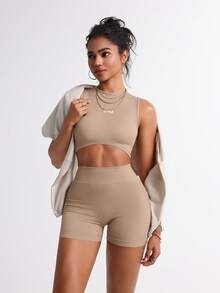 TCVC Women High Elastic Sports Bra & Shorts Set, Seamless Knit, High Waist Tummy Control Peach Butt, Skin-Friendly Fabric, Tight Shaping, Casual Versatile, Lining, Suitable For All Seasons, Activewear & Yoga Set - Màu Khaki - Xem 4