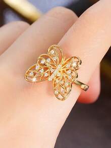 1pc 925 Sterling Silver Plated Gold Butterfly Zirconia Ring, Elegant Jewelry Ring, Charming Promise Ring For Women, Delicate Jewelry Gift, Suitable For Girls' Daily Wear
