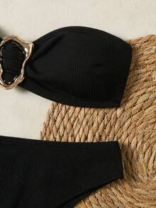 最新设计的黑色金属面料抹胸比基尼泳装，适合夏季海滩 - 黑色 - 查看 6