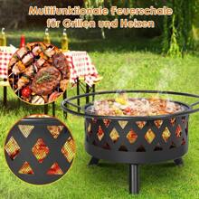 Feuerschale, Ø 76cm Feuerkorb mit Funkenschutz und Schürhaken, Feuerschalen für den Garten Groß, Feuerstelle mit Grill, BBQ Feuerstelle Outdoor, Retro-Look Fire Pit, Multifunktional Feuerkorb